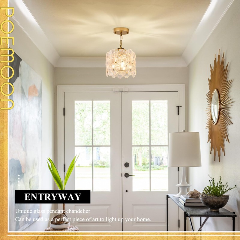 Poemoon Gold Glass Pendant Light 1-Pack Modern Flower Small Ceiling