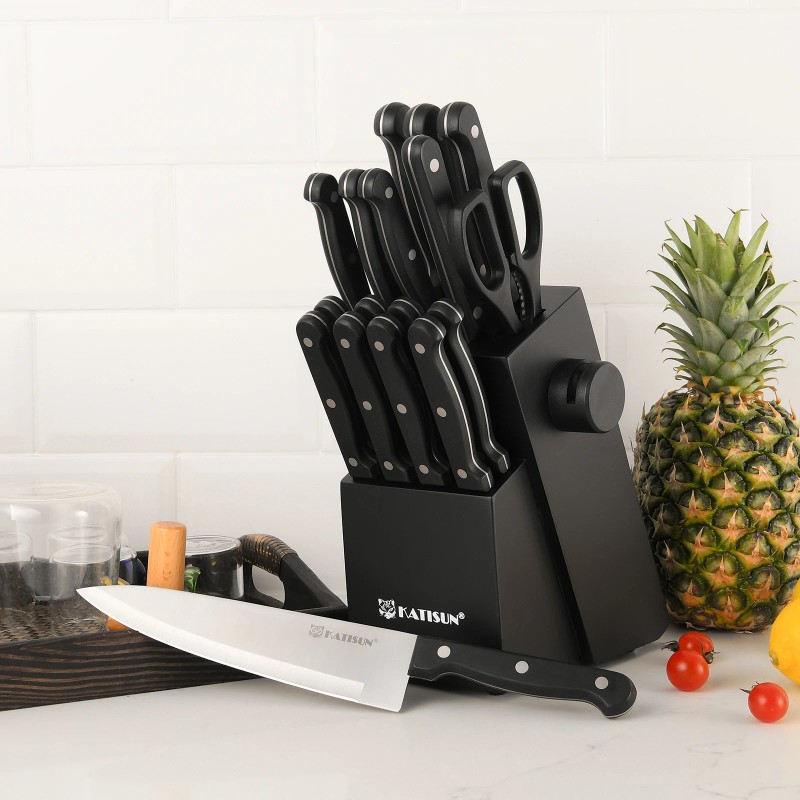 19-Piece Plastic Handle Carbon Steel Kitchen Knife Block Set with
