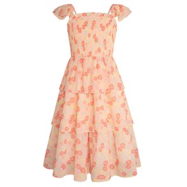 GRACE KARIN Girls Summer Dress Floral Flutter Sleeves Smock Flowing Tiered Layers Spring Casual Midi Holiday Birthday Party Formal Flower Boho Dresses Size 5-6