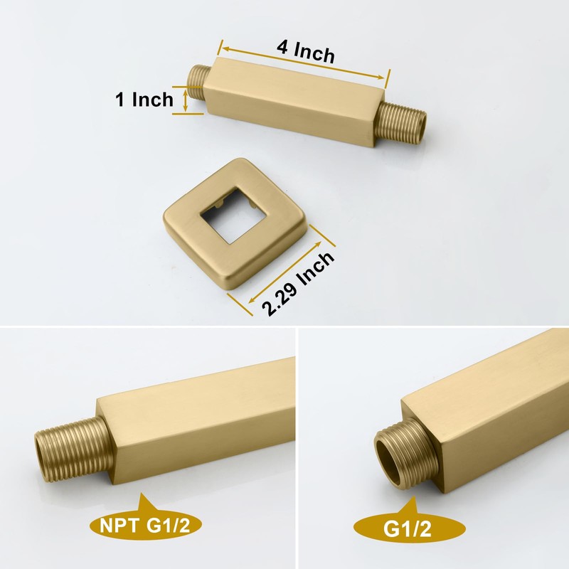 DEOLER Brushed Gold Shower Arm with Flange, Square, 4 Inch,