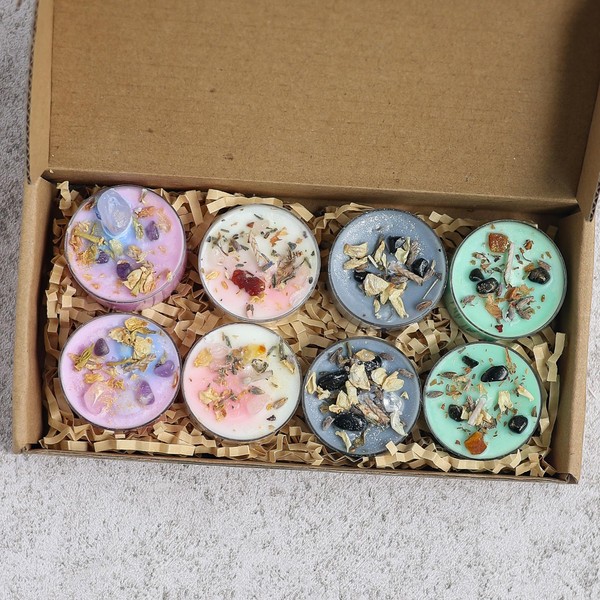 Tealight Soy Candles with Crystals And Herbs, Handmade Energy Candles,