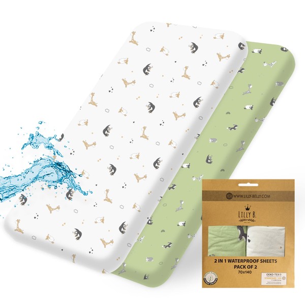 Lilly B. Organic Cotton GOTS 2in1 Pack of 2 Waterproof Cot Sheets 140 x 70 Fitted, Used Instead of Waterproof Mattress Protector, Compatible with, Next2me, and All Bedside Cribs & Mini Cribs.