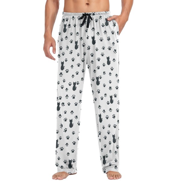 visesunny Men's Pajama Bottoms Cotton Lightweight Cat and Paw Print