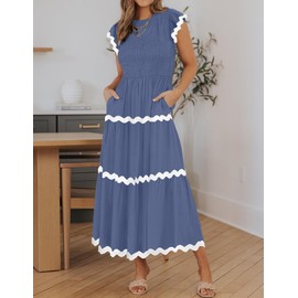 ZESICA Women's Summer Flutter Short Sleeve Smocked Midi Dress Casual High Waist Rickrack Tiered Flowy Dresses,Dusty Blue,Large