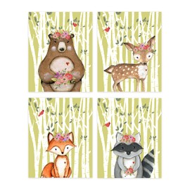 Woodland Animals - Forest Animals Nursery Wall Art - Girl Nursery Wall Decor - Baby Girl Room Decor - Girls Room Decoration for Bedroom Playroom - Set of 4 - UNFRAMED (Forest Animals - Green Birch 1)