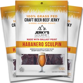 Habanero Sculpin Craft Beer Grass Fed Beef Jerky - 100 Calorie Snacks, Gourmet, Healthy Low Carb, High Protein - Keto Friendly (3 Packs)