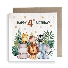 Second Ave 4th Birthday Age 4 Children's Kids Baby Safari Square Card For Boy or Girl Birthday