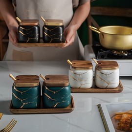 JFFLYIT 2 Sets of Marble Ceramic Sugar Bowl Ceramic Seasoning Jars with Wooden Lid and Wooden Spoon(White)