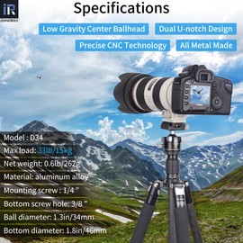 INNOREL D34 34 mm Low Profile Tripod Ball Head Professional All-Metal CNC Panoramic Camera Tripod Head for DSLR Cameras, Camcorders, DV with 1/4 Inch Arca Swiss Quick Release Plate Load 15 kg