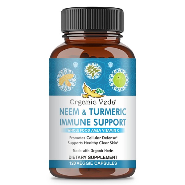 Organic Veda Neem and Turmeric Capsules, Amla Fruit Vitamin C Immune Support Supplement - Cellular Defense & Skin Support with Turmeric, Neem, Tulsi Holy Basil & Black Pepper Extract - 120 Capsule