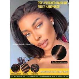 Sunber Bye Bye Knots Yaki Straight Bob Human Hair Wigs Pre Cut 7x5 HD Lace Front Glueless Wig with Elastic Drawstring Put and Go Pre Plucked Bleached Invisible Knots Pre Everything Yaki Bob 12Inch