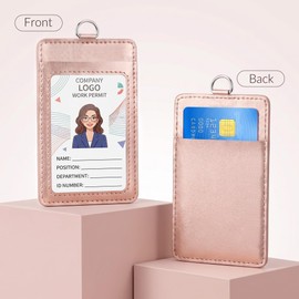 2 Pack Badge Holder with Lanyards for Id Badges, PU Leather Card Holder with Cute Lanyards for Cruise Ship Cards for School Teacher Student, Work College, Travel, Credit Cards (Pink)