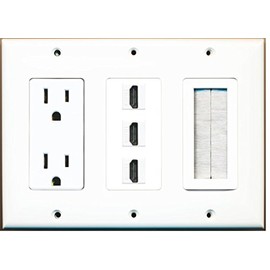RiteAV - (3 Gang 15A Power Outlet Mesh-Brush 3 HDMI Wall Plate White