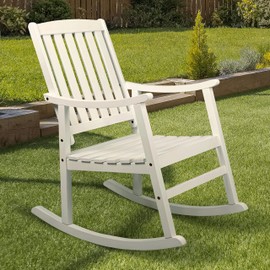 JONATHAN Y RCK102C Penny Classic Slat-Back 300-Lbs Support Acacia Wood Patio Outdoor Rocking Chair for Garden, Lawn, Backyard, Pool, Deck, Beach, Firepit, White