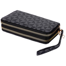 BUNCHBRAVO Triangle Pattern Wallet, Double Zipper Pockets, PU Leather Cellphone Purse Credit Card Cash Holder, Black and Gray Grid, Black and Gray Triangle, 8.2 x 4.3 inches, Classic