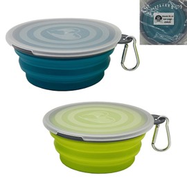 Small Collapsible Dog Bowl 12oz,2 Pack Portable and Foldable Pet Travel Bowls Collapsable Dog Water Feeding Bowls Dish with 2 Carabiners & Lids for Dogs Cats and Small Animals (Blue+Green+Grey, 350ml)