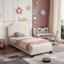 Twin Size Velvet Bed Frame, Corduroy Upholstered Twin Bed Frames Platform with Adjustable Headboard, Cute Velvet Twin Bed, Strong Wooden Slats, No Box Spring Needed, Noise Free, Easy Assembly, Beige