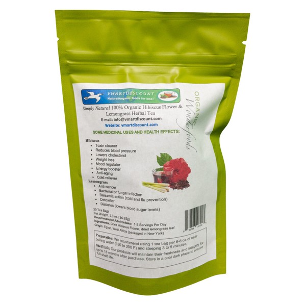 Hibiscus Flower Lemongrass Herbal Tea (30 Tea Bags), Premium All Natural Tea