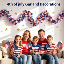 60Ft 4th of July Garland Decorations Red White Blue Glitter Metallic Tinsel Garland Patriotic Decorations for Independence Day Party, Parade Floats, Golf Cart, Bike, Home Mantel Indoor&Outdoor Decor