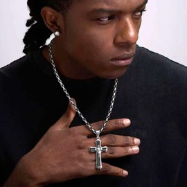 FLHEART Byzantine Cross Necklace for Men, Black Silver Stainless Steel Cross Chain Pendant Necklace Masculine Chunky Sturdy Mens Christian Jewelry Gift 22/24 Inch