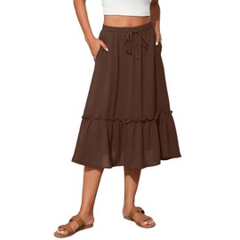 TASAMO Women's Elastic High Waist Flared Skirt with Tiered Hem and Adjustable Drawstring - Lightweight and Breathable for Everyday Wear Olive Brown