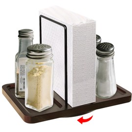 Napkin Holder for Table, Rotating Metal Napkin Holder for Table with Salt and Pepper Shakers Caddy, Napkin Storage Dispenser for Kitchen Dinner Table and Picnic Decors