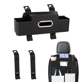 Vehicle Seat Back Hanging Storage Box with Tissue Holder and Hooks-Durable, Odorless, and Multifunctional Car Seat Organizer,Car Storage Organizer with Cup Holder, Hook, and Tissue Holder