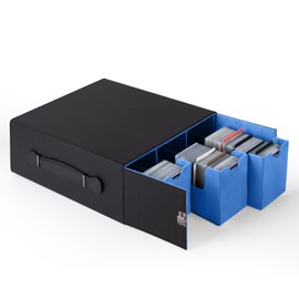 Gvirtcoz Collectible Trading Card Cases with Portable Handle, with 8 Colorful Divider Tabs&3 card supporters,PU Leather Commander Card Deck CaseforMTG Game Cards (3 Rows- Black&Blue)
