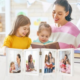 4x6 Four Picture Frame 4 Hinged Photo Frame with 4 Openings, Natural Wood Foldable Photo Frame with High Definition Acrylic for Birthday Christmas Gift, Rustic Desk Family Picture Collage, White