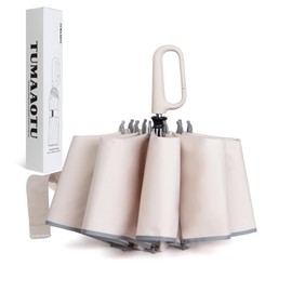 QWB TUMAAOTU Inverted Umbrella with Carabiner Handle, Wind Proof Umbrellas For Rain, 46 Inch Portable Reverse Folding Umbrella, Car Umbrella for Women Men, 10 Ribs (beige)