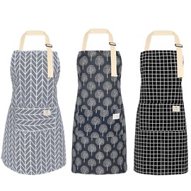 Forreen Women's Cooking Apron, Pack of 3 Kitchen Aprons, Waterproof Oil-Resistant Baking Apron, Fashionable Cute Large Pockets Apron with Wipe Clean Cloth for Cooking, Baking, Gardening, b