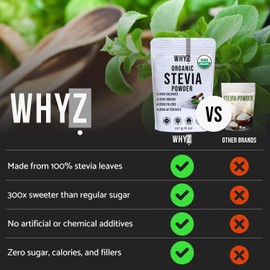 WHYZ Organic Stevia Powder, 1621 Servings, Premium Zero Calorie Sweetener - Powdered Pure Stevia Extract, Natural Sweetener Powder for Baking - No Aftertaste, Non-GMO, Keto Friendly- 8 oz