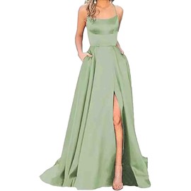 HAHAEMMA Women's Elegant Long Ball Dresses with Pockets, Satin, A-Line, Backless Wedding Dress, Evening Dresses, Sexy Halterneck Spaghetti Wedding Dress, Long Princess Bridesmaid Dress, light green