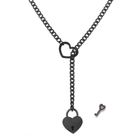 Slip Chain Necklace for Women Black Heart O-Ring Slip Chain Necklace Punk Rock Stainless Steel Cuban Long Necklace Adjustable Lariat Y-Necklace (Heart Lock)