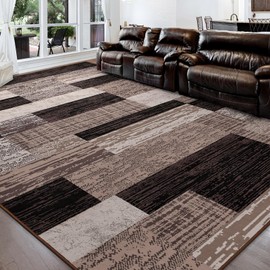 FlyDOIT Modern Geometric Patchwork Area Rug, 4x6 Chocolate Large Rugs for Living Room, Rockwood Collection Indoor Rugs for Bedroom, Throw Carpet Floor Decor for Entryway Dining Room Office Nursery