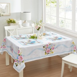 Newbridge Easter Cottage Rose Rectangle Fabric Tablecloth, 60 x 102 Inch, Easy Care Wrinkle and Stain Resistant Blue and Pink Floral Table Cover for Indoor Outdoor Party Dining