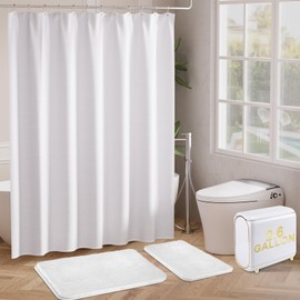 XLHOMO Small Bathroom Trash Can with Lid, 10 Liter / 2.6 Gallon Slim Garbage Can with Pop-Up Lid, Small Trash Bin Waste Basket with Shower Curtain Set and Extra Soft and Absorbent Rugs for Home Decor