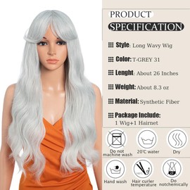 26 Inch Long Wavy Wigs for Women Black Wig with Bangs Ombre Brown Wig with Dark Roots Long Layered Wig Heat Resistant Synthetic Wig Natural Looking Wigs for Daily Party Use(T-GREY 31)