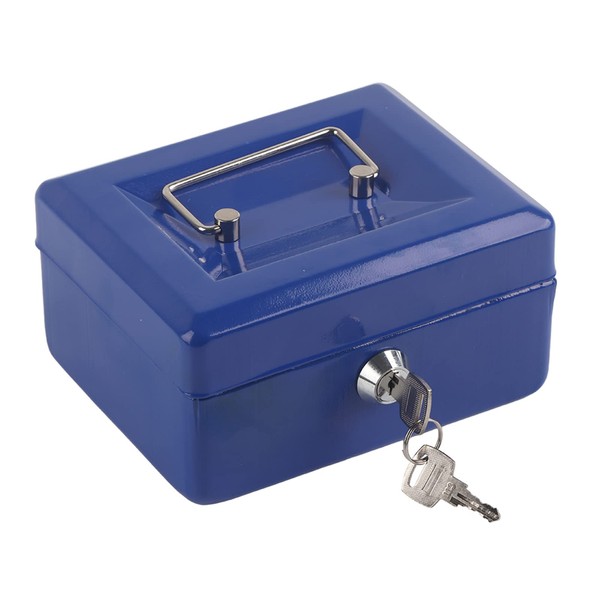 Mini Cash Box, Small Metal Coin Safe, Security Box, Double Layered Small Safe with Key Lock and Removable Money Compartment (Blue)