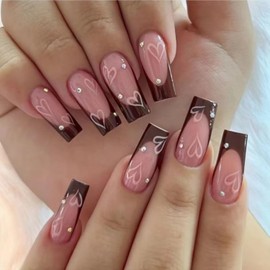 24Pcs Valentine's Day Press on Nails Medium Square Fake Nails Brown French Tip with Rhinestones Design White Heart False Nails Nude Pink Full Cover Artificial Glue on Nails for Women Nails Supplies