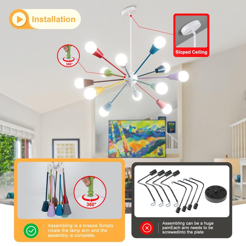 Aleslsop Colorful Chandelier,12-Light Sputnik Ceiling Light Fixture, Sputnik Chandelier with