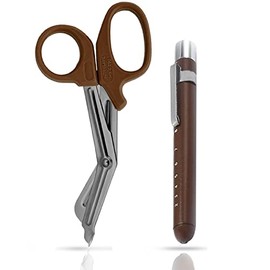 VISION TEK MED Pen Light for Nurses & Medical Scissors, LED Penlights with Pupil Gauge, 7.5" Bandage Scissors EMT Shears for Doctor, Nurses, Nursing Students (Brown Shears+Brown Penlight)
