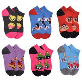 Looney Tunes Girls' 6-Pack No Show Socks, Charcoal Heather, 4/6
