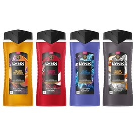 Lynx Shower Gel Men's 4 Pack Bundle of 400ml Body Wash in Black Vanilla, Blue Lavender, Cherry Spritz & Peach Infusion, Invigorating Scents for Daily Freshness