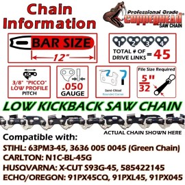 For Cub Cadet, For Dolmar, For Husqvarna, For Makita, For Poulan, For Shindaiwa, For Solo, For Jonsered, For Echo, For Tanaka, For Worx COPPERHEAD 12" BAR & CHAIN COMBO FITS MOST POULAN SAWS - 3/8 LP, .050 GA, 45 DL