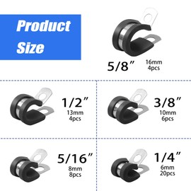 MaxAwe Pack of 42 Rubber Hose Clamps, Screw Pipe Clamps, Pipe Clamps with Rubber Insert, 6 Sizes 6-19 mm, Stainless Steel Cable Clamp, Rubber Lined, P Clips, Hose Clamps