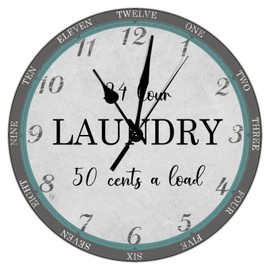 24 Hour Laundry Clocks Laundry Round Clock for Bedroom Decor Clocks Battery Operated 12 Inch Silent Non-Ticking Wooden Wall Clocks Shabby Chic Wooden Wall Clocks for School Easy to Read