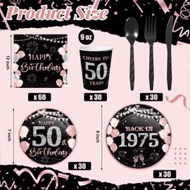 Ninehaoou 240 Pcs 50th Birthday Decorations Birthday Party Tableware Include Plates Napkins 9oz Cups Cutlery Anniversary Dinnerware Party Supplies for Men Women Him Her, Serve 30 Guests (Black Pink)