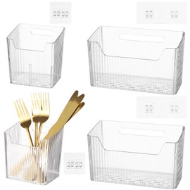 yeesport 4 PCS Cabinet Door Organizer Bins, Clear Plastic Wall Mount Hanging Storage Baskets with Adhesive Hooks, Bathroom Fridge Kitchen Pantry Under Sink Drawer Organizer with Drain Holes