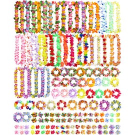 Aviski 288 Pieces Hawaiian Leis Party Decorations, Hawaiian Flower Necklace Flowers Bracelets Headband, for Tropical Hawaiian Party Theme Beach Party Hawaiian Night Bar Beach Vacation
